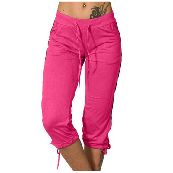 Wenyuyu Capri Sweatpants for Women Drawstring High Waist Stretch Solid Color Gym Leggings with Pockets Casual Cropped Pants Hot Pink M