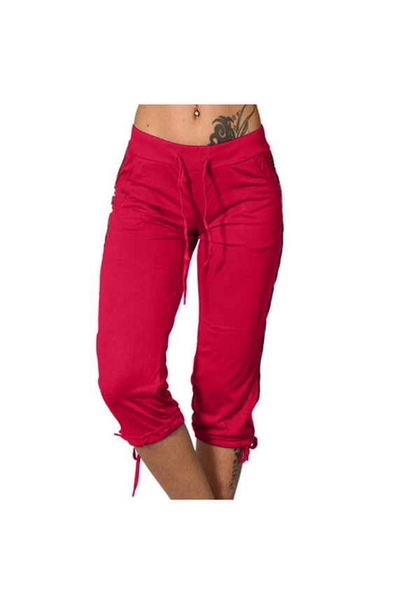 Capri Sweatpants for Women Drawstring High Waist Stretch Solid Color Gym Leggings with Pockets Casual Cropped Pants Red XXL