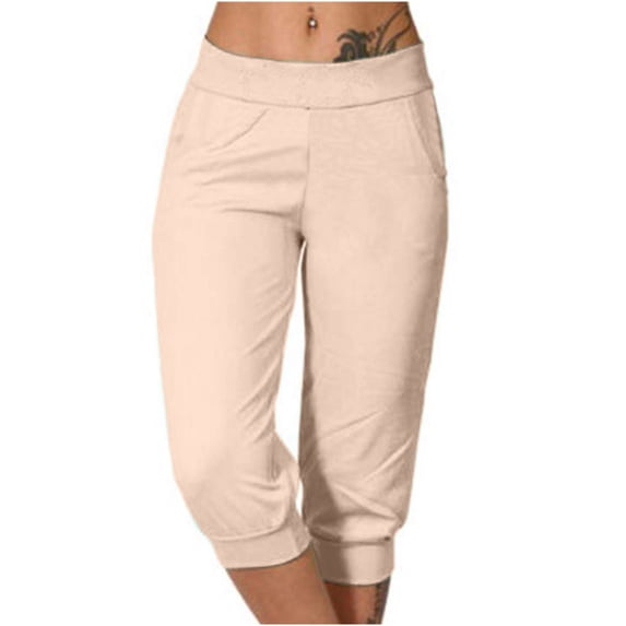 Wenyuyu Capri Sweatpants for Women Joggers Summer Lounge Cropped Leggings Solid High Waisted Athletic Pants with Pockets Beige XXL