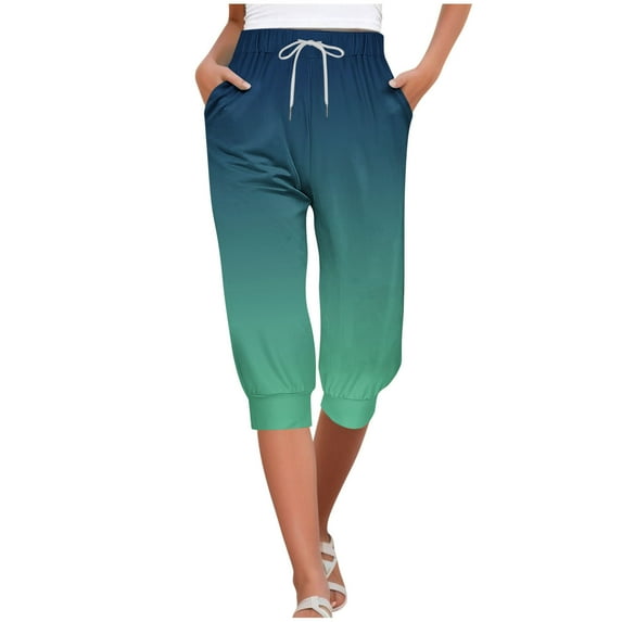 Wenyuyu Capris Pants for Women Casual Loose Fit Straight Leg Sweatpants with Pockets Fashion Gradient Knee Length Cropped Trousers Blue XXL