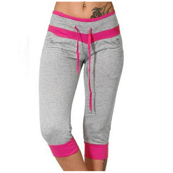 Wenyuyu Capris Sweatpants for Women Summer Drawstring Elastic Hight Waist Cropped Trousers Lounge Color Block Joggers Pants Gray S