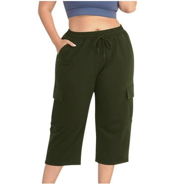 Wenyuyu Cargo Pants for Women Lounge Solid Drawstring High Waisted Cropped Trousers Plus Size Athletic Capri Pants with Pockets