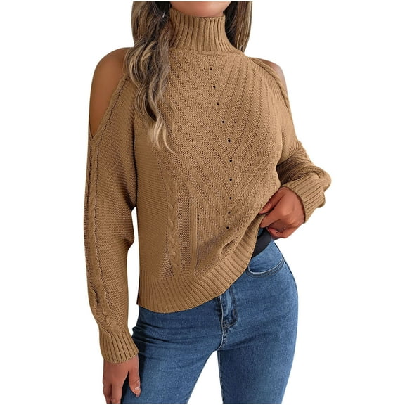 Wenyuyu Cold Shoulder Sweaters for Women Lounge Fall High Neck Knitted Tops Loose Fit Solid Long Sleeve Textured Blouses