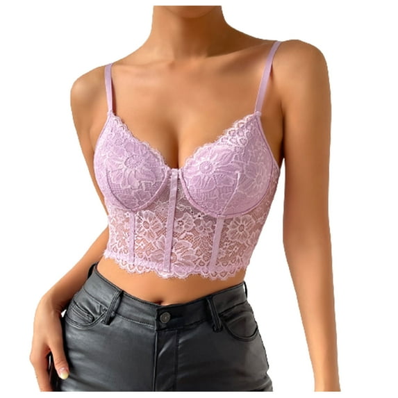 Wenyuyu Lace Corset Tops For Women Adjustable Spaghetti Strap Sheer Crop Camisoles Summer Sexy V Neck Trendy Blouses Purple M