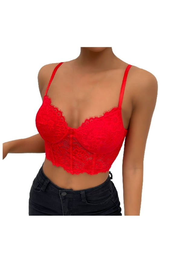 Lace Corset Tops For Women Adjustable Spaghetti Strap Sheer Crop Camisoles Summer Sexy V Neck Trendy Blouses Red M
