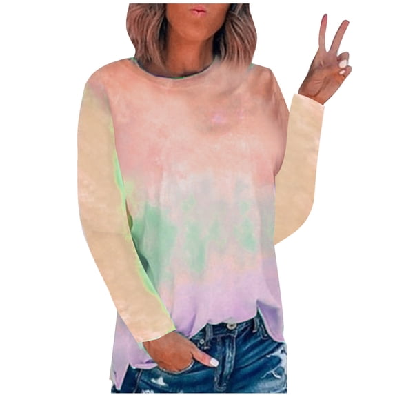 Wenyuyu Long Sleeve Tee Shirts for Women Basic Round Neck Blouses Trendy Tie Dye Loose Fit Tunic Tops for Going Out