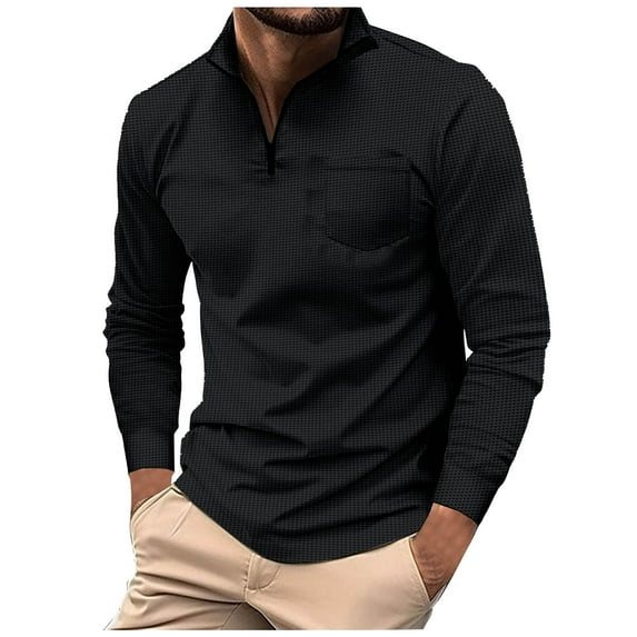 Wenyuyu Mens Waffle Knit Shirts Long Sleeve Casual 1/4 Zipper V-Neck Polo Shirts Athletic Workout Muscle Tops with Pocket