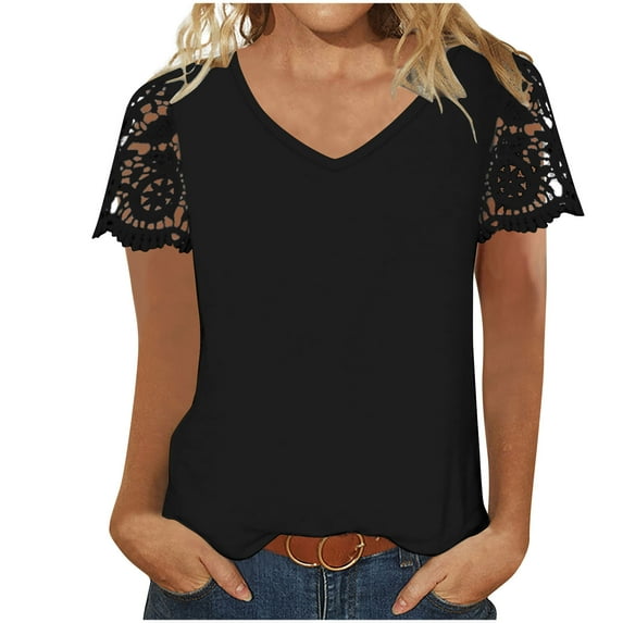 Wenyuyu Notch V Neck Tops for Women Cute Lace Crochet Short Sleeve Shirts Casual Solid Summer Going Out Tunic Blouses