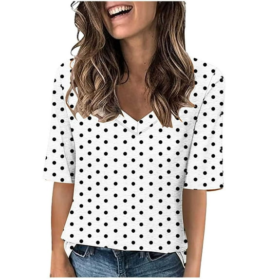 Wenyuyu Polka Dots Tops for Women Cute Summer V Neck Short Sleeve Blouses Casual Loose Tunic Tops for Going Out