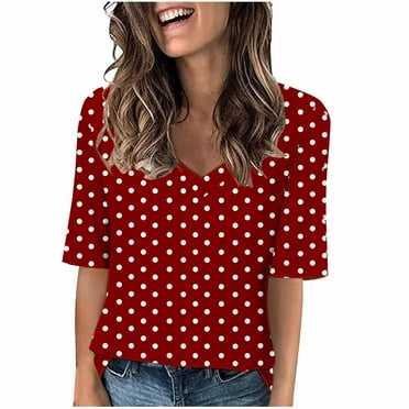 Wenyuyu Polka Dots Tops for Women Cute Summer V Neck Short Sleeve Blouses Casual Loose Tunic Tops for Going Out