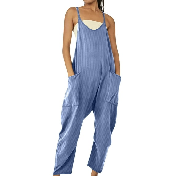 Wenyuyu Ribbed Knit Jumpsuits for Women Dressy Casual Summer Long Cute Pants Spaghetti Lightweight Rompers Blue XL
