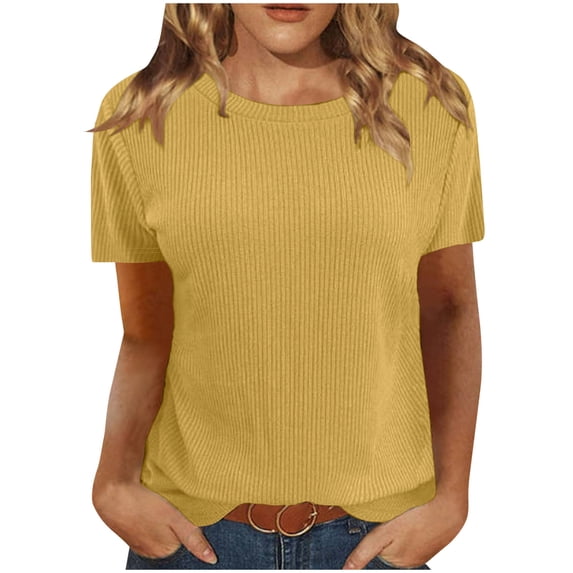 Wenyuyu Ribbed Knitted Tops for Women 2024 Summer Short Sleeve Round Neck Shirts Solid Trendy Basic Tunic Blouses Yellow M