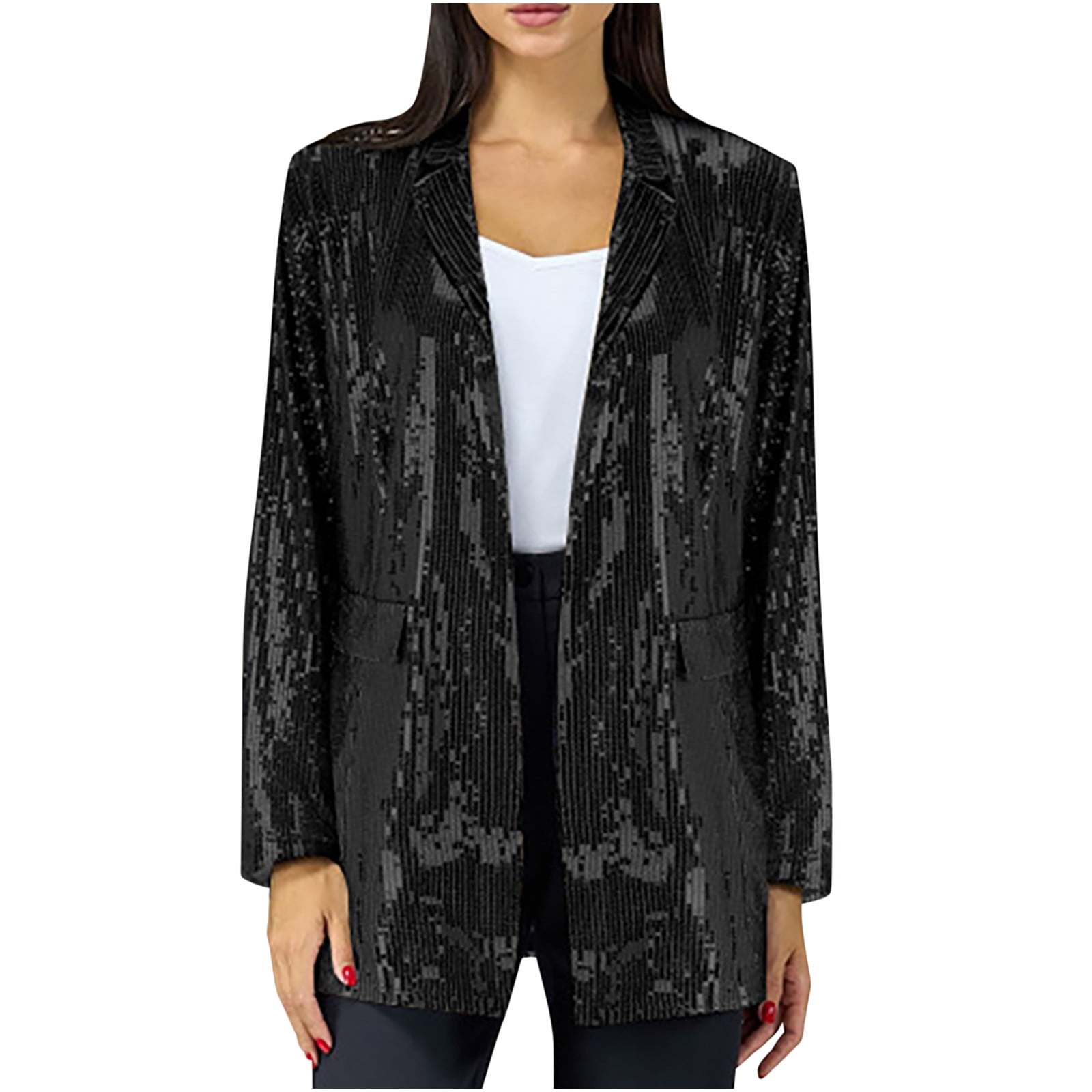 Wenyuyu Sequin Jackets for Women Casual Lapel Long Sleeve Open Front ...
