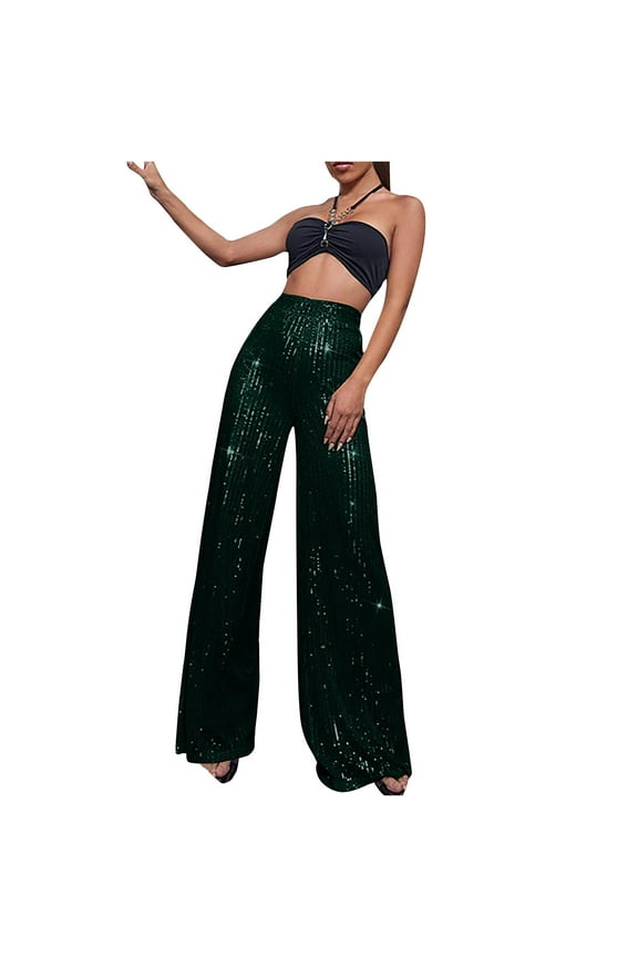 Sequin Pants for Women Fashion Elegant Sparkly High Waist Wide Leg Flare Trousers High Waist Club Zipper Trousers Army Green XXL