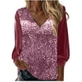 thumbnail image 1 of Wenyuyu Sequin Tops for Women Velvet Long Sleeve Blouses Holiday Party Tops Sparkle Dressy Shirts V Neck Loose Fit Tee Shirts Pink XXL, 1 of 7