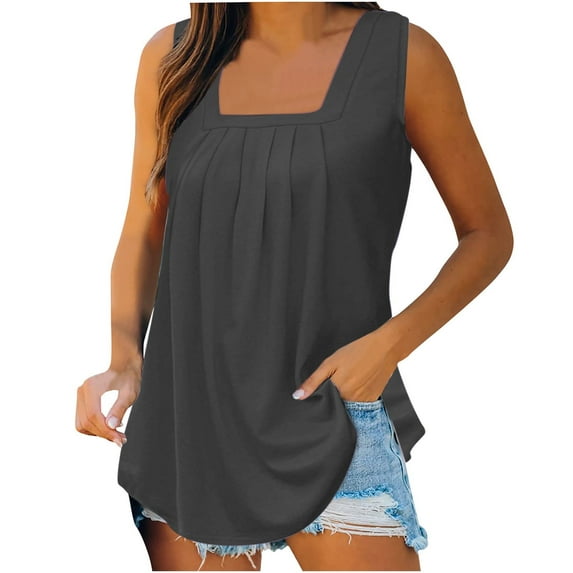 Wenyuyu Summer Tank Tops for Women Loose Fit Pleated Square Neck Sleeveless Shirts Basic Curved Hem Flowy Blouses Dark Gray M