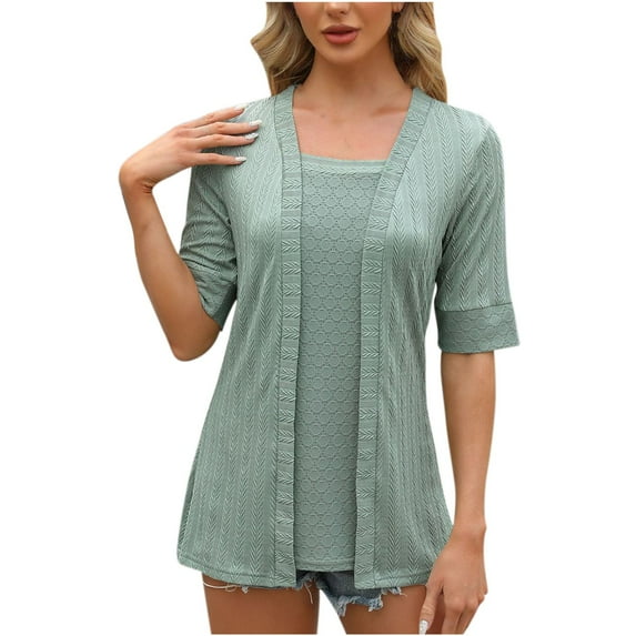 Wenyuyu Summer Tops for Women Square Neck Eyelet Half Sleeve Shirts Dressy Casual Fashion Patch Block Blouses Green L