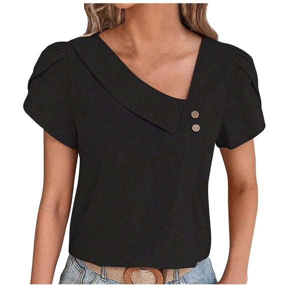 Wenyuyu Summer Tops for Women Trendy Side V Neck Button Design Tshirts Causual Solid Short Petal Sleeve Blouses Black XXL
