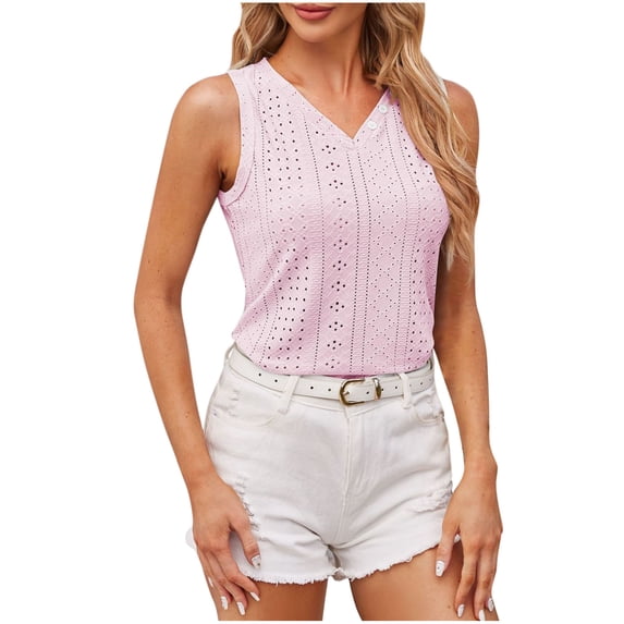Wenyuyu Tank Tops for Women Trendy Sleeveless Button V Neck T-Shirts Loose Fit Casual Summer Eyelet Tunic Hollow Out Shirts Pink M