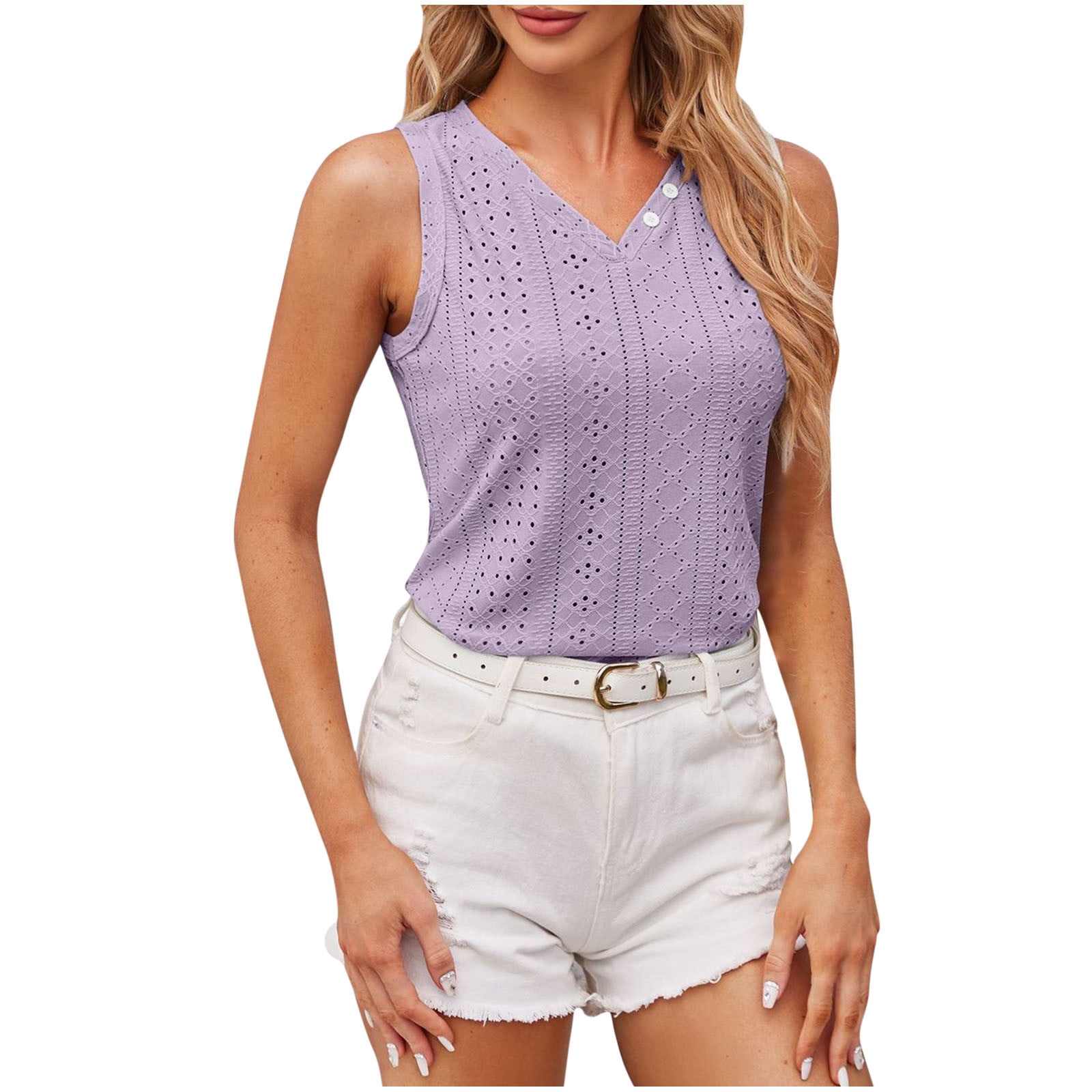 Women's Summer Sleeveless V-Neck Tunic Top - Loose Fit Casual Tank Blouse With Purple Butterfly Print - View #6