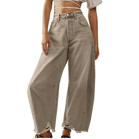 Wenyuyu Women Baggy Jeans Wide Leg Loose Trendy Y2K Pants with Pockets Button Zipper Solid Mid Waist Denim Trousers Gray M