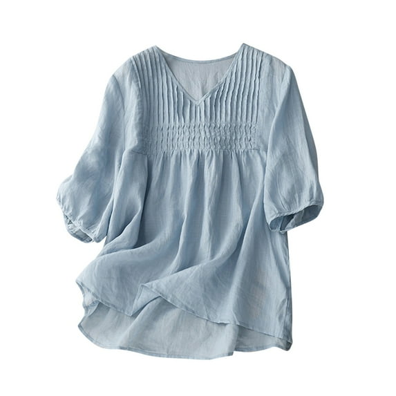 Wenyuyu Women Cotton Linen Tops Puff Half Sleeve Solid Color V Neck Shirts Pleated Cute Babydoll Loose Fit Blouses Blue XXL