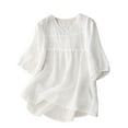 thumbnail image 1 of Wenyuyu Women Cotton Linen Tops Puff Half Sleeve Solid Color V Neck Shirts Pleated Cute Babydoll Loose Fit Blouses White XL, 1 of 6