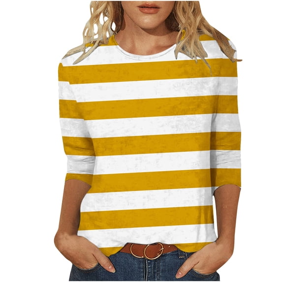 Wenyuyu Women Summer Tops Fashion Striped Printed Shirts 3/4 Sleeve Round Neck Blouses Basic Tunic Tee Shirts Yellow XL