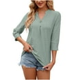 thumbnail image 1 of Wenyuyu Women's 3/4 Sleeve Blouses Solid Fashion Eyelet Breathable V Neck Tops Casual Button Decor Ruched Tunic Shirts, 1 of 6