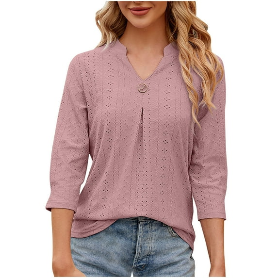 Wenyuyu Women's 3/4 Sleeve Blouses Solid Fashion Eyelet Breathable V Neck Tops Casual Button Decor Ruched Tunic Shirts