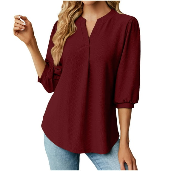 Wenyuyu Women's 3/4 Sleeve Tops Trendy Notch V Neck Eyelet Breathable Blouses Summer Solid Color Curved Hem Tunic T-Shirts