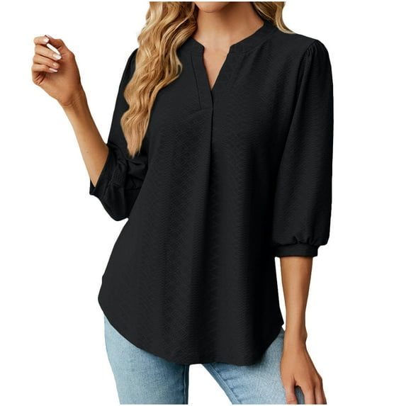 Wenyuyu Women's 3/4 Sleeve Tops Trendy Notch V Neck Eyelet Breathable Blouses Summer Solid Color Curved Hem Tunic T-Shirts