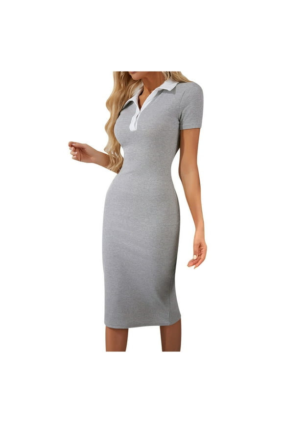 Women's Bodycon Dress Trendy Color Block Polo V Neck Short Sleeve Dress Casual Solid Slim Midi T Shirt Dresses