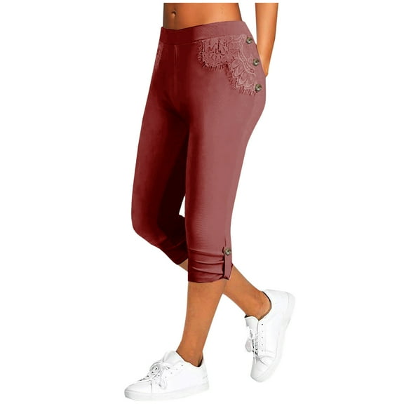 Wenyuyu Women's Capri Leggings Hight Waist Side Button Decor Comfy Solid Sweatpants Retro Embroidered Joggers Cropped Pants Wine 3XL