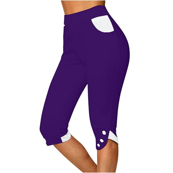 Wenyuyu Women's Color Block Leggings Fashion Casual Workout Capri Sweatpants High Waist Yoga Cropped Pants for Summer Purple 3XL