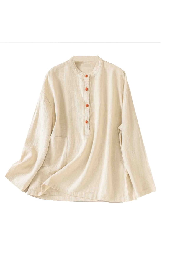 Women's Cotton Linen Blouses Lounge Ruffle Button Down Collar Shirts Summer Solid Comfy Long Sleeve Tops