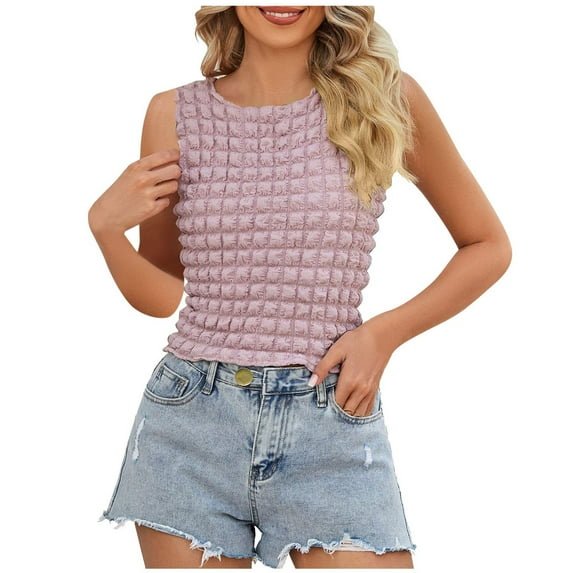Wenyuyu Women’s Crop Tank Tops Sleeveless Fashion Popcorn Crewneck Shirts Summer Casual Solid Slim Fit Blouses Purple XL