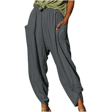 Wenyuyu Women's Harem Trousers Elastic Hight Waisted Cotton Linen Pants Summer Solid Baggy Running Y2K Trousers with Pockets
