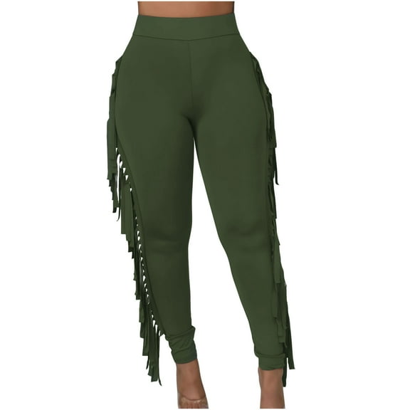 Wenyuyu Women's High Waist Leggings Fashion Solid Color Skinny Fringe Pants Lounge Side Tassel Yoga Workout Leggings Army Green S