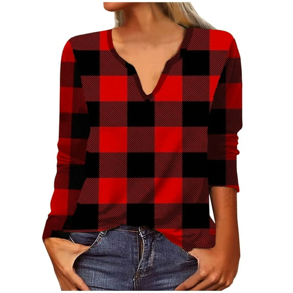 Wenyuyu Women's Plaid Shirts Summer Notch V Neck 3/4 Sleeve Blouses Loose Comfy Casual Daily Tunic Tops