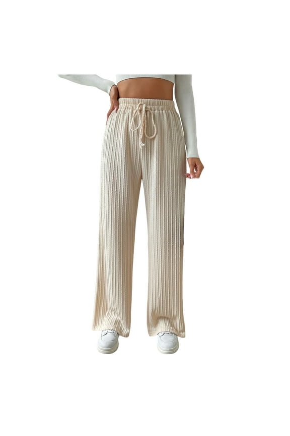 Women's Ribbed Knit Pants Lounge Drawstring Elastic Waist Straight Leg Trousers Solid Color Comfy Yoga Trousers