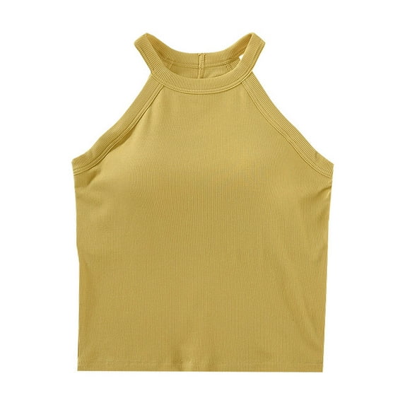 Wenyuyu Women's Ribbed Knit Tank Tops Sleeveless Halter Neck Blouses with Built in Bra Summer Basic Shirts Yellow M