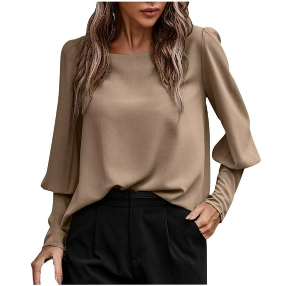 Wenyuyu Women's Satin Blouses Cute Lantern Long Sleeve Round Neck Shirts Dressy Casual Solid Business Work Tunic Tops
