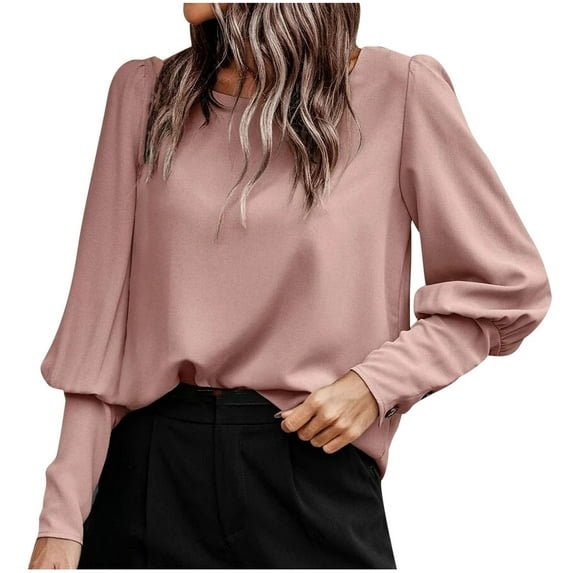 Wenyuyu Women's Satin Blouses Cute Lantern Long Sleeve Round Neck Shirts Dressy Casual Solid Business Work Tunic Tops