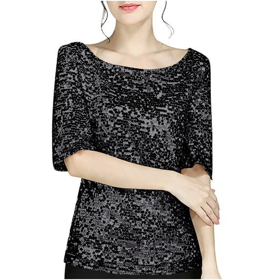 Wenyuyu Women's Sequin Tops Plus Size Round Neck Tee Shirts Shimmer Glitter Short Sleeve Party T-Shirt Tunic Blouses Black 5XL