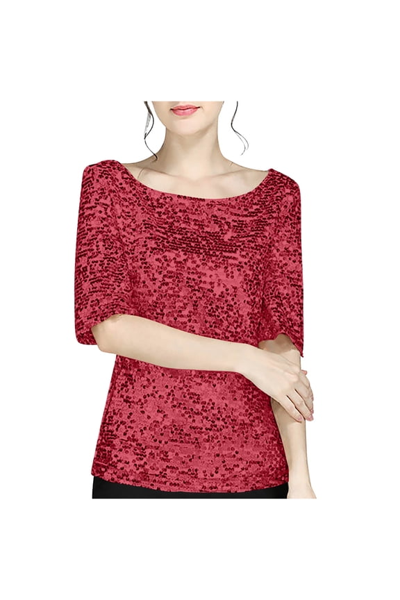 Women's Sequin Tops Plus Size Round Neck Tee Shirts Shimmer Glitter Short Sleeve Party T-Shirt Tunic Blouses Red XXL