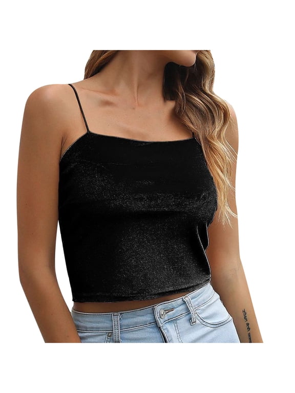 Women's Spaghetti Strap Shirts Solid Square Neck Velvet Camisoles Soft Sleeveless Backless Tank Tops Black S