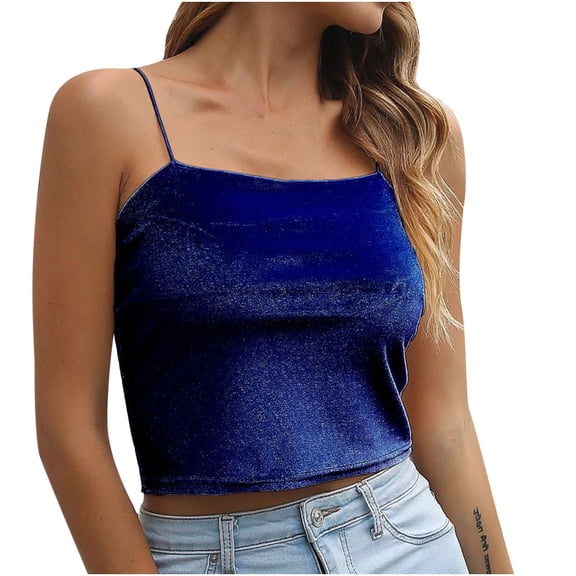 Wenyuyu Women's Spaghetti Strap Shirts Solid Square Neck Velvet Camisoles Soft Sleeveless Backless Tank Tops Blue XL