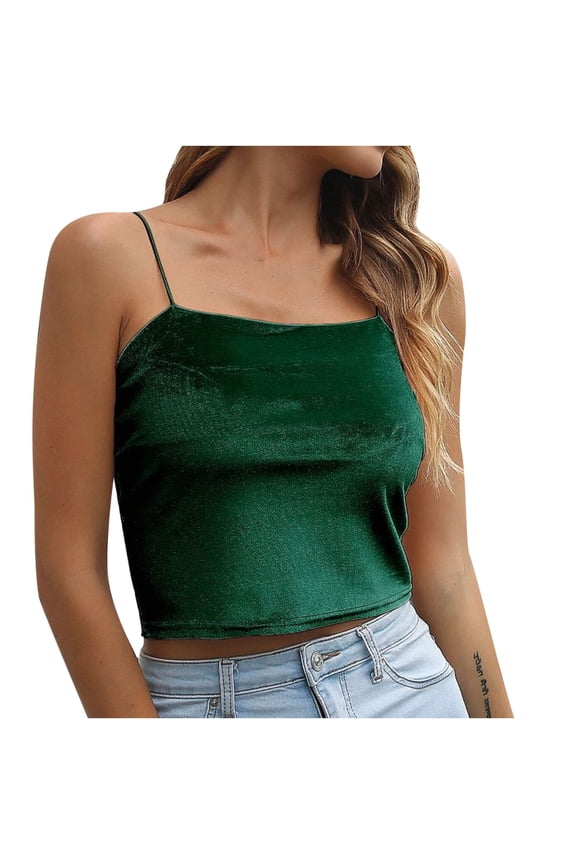 Women's Spaghetti Strap Shirts Solid Square Neck Velvet Camisoles Soft Sleeveless Backless Tank Tops Green M
