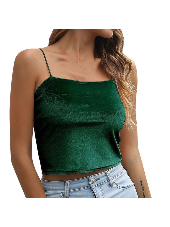 Women's Spaghetti Strap Shirts Solid Square Neck Velvet Camisoles Soft Sleeveless Backless Tank Tops Green S